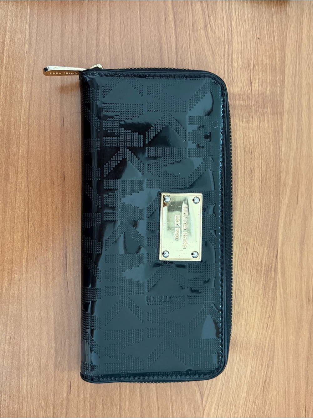 Michael Kors Black Patent Zip Wallet with Gold Plate